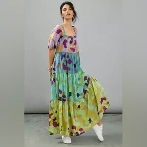 NWT Anthropologie Caroline Tiered Maxi Dress Foral Cotton Silk Bohemian XS New
